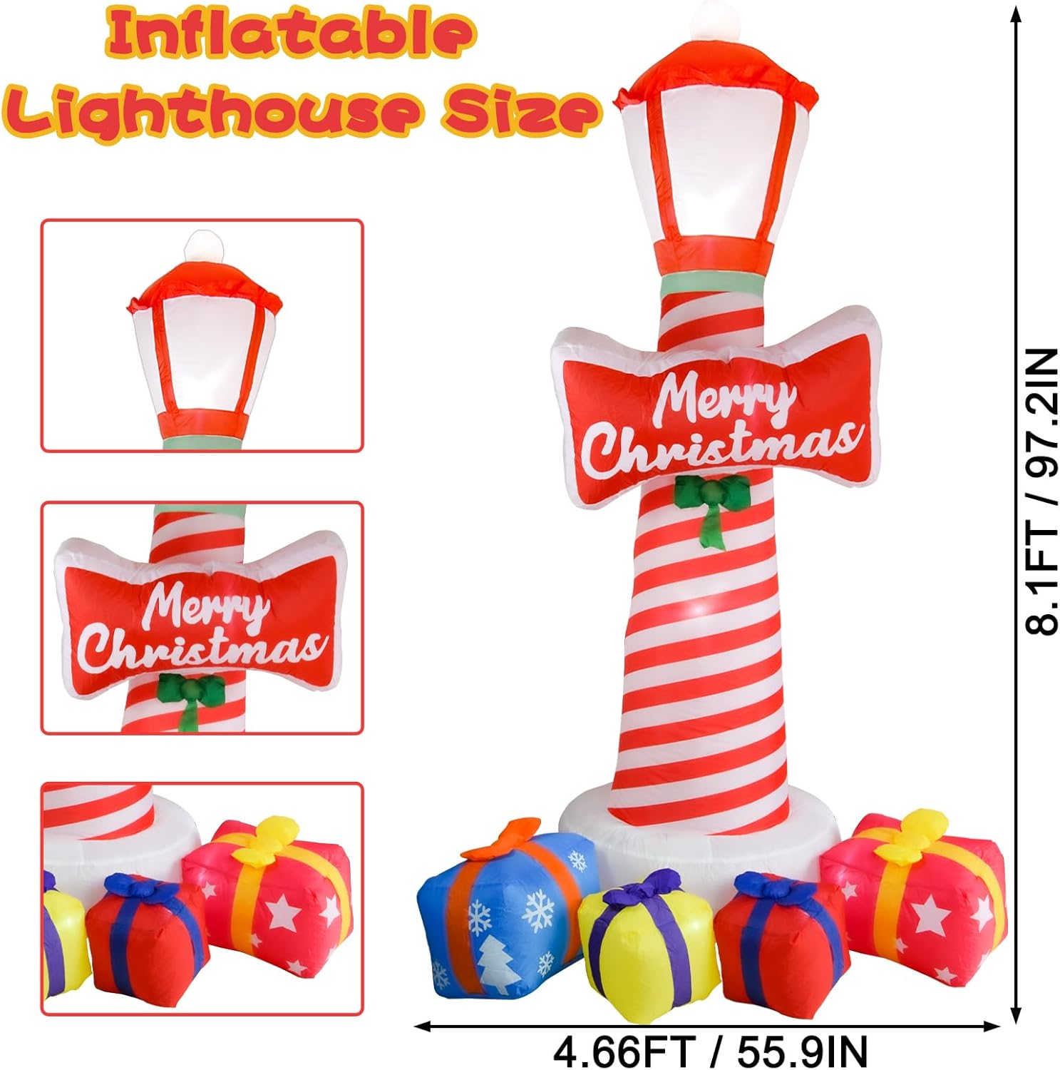 OILCUP 8FT Christmas Inflatable Lighthouse with LED Lights, Vinyl Yard Decoration with Gift Boxes for Garden & Outdoor Holiday Decor