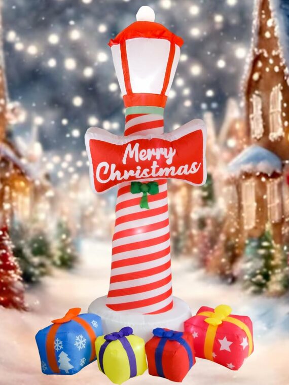 OILCUP 8FT Christmas Inflatable Lighthouse with LED Lights, Vinyl Yard Decoration with Gift Boxes for Garden & Outdoor Holiday Decor