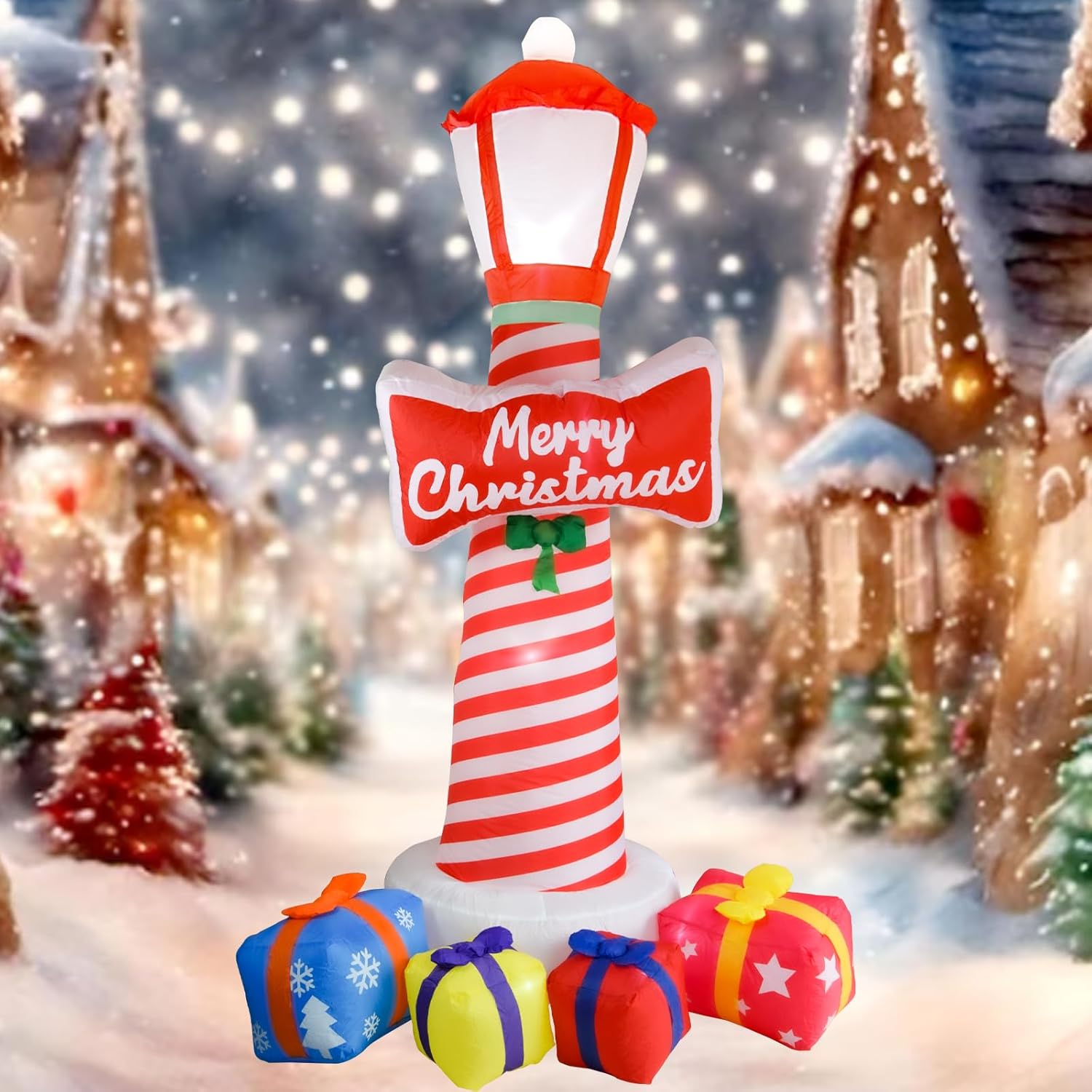 OILCUP 8FT Christmas Inflatable Lighthouse with LED Lights, Vinyl Yard Decoration with Gift Boxes for Garden & Outdoor Holiday Decor