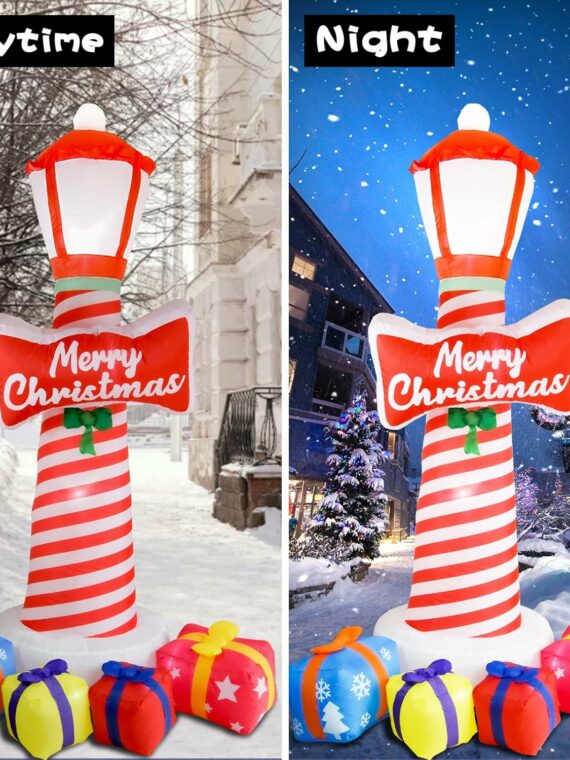 OILCUP 8FT Christmas Inflatable Lighthouse with LED Lights, Vinyl Yard Decoration with Gift Boxes for Garden & Outdoor Holiday Decor