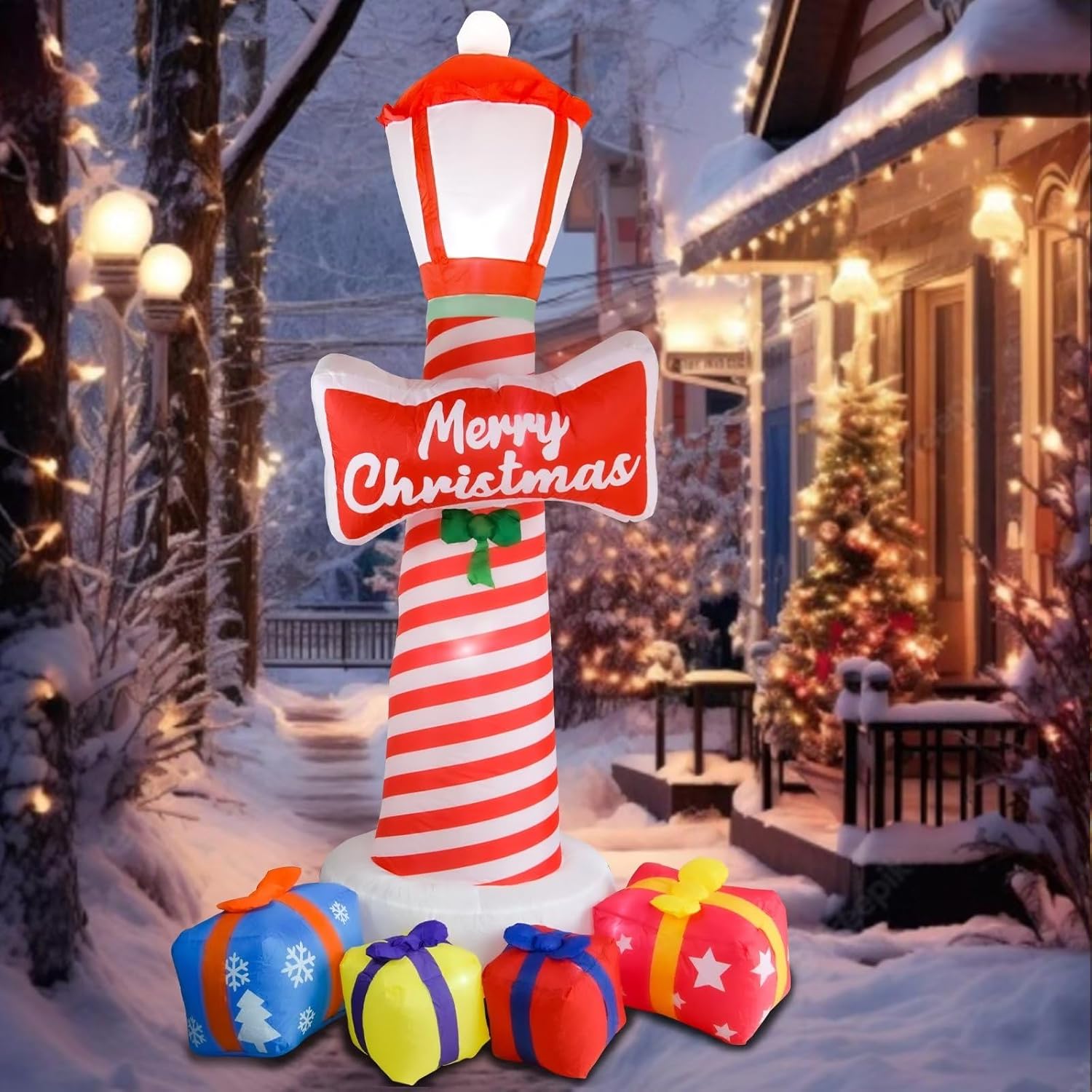 OILCUP 8FT Christmas Inflatable Lighthouse with LED Lights, Vinyl Yard Decoration with Gift Boxes for Garden & Outdoor Holiday Decor