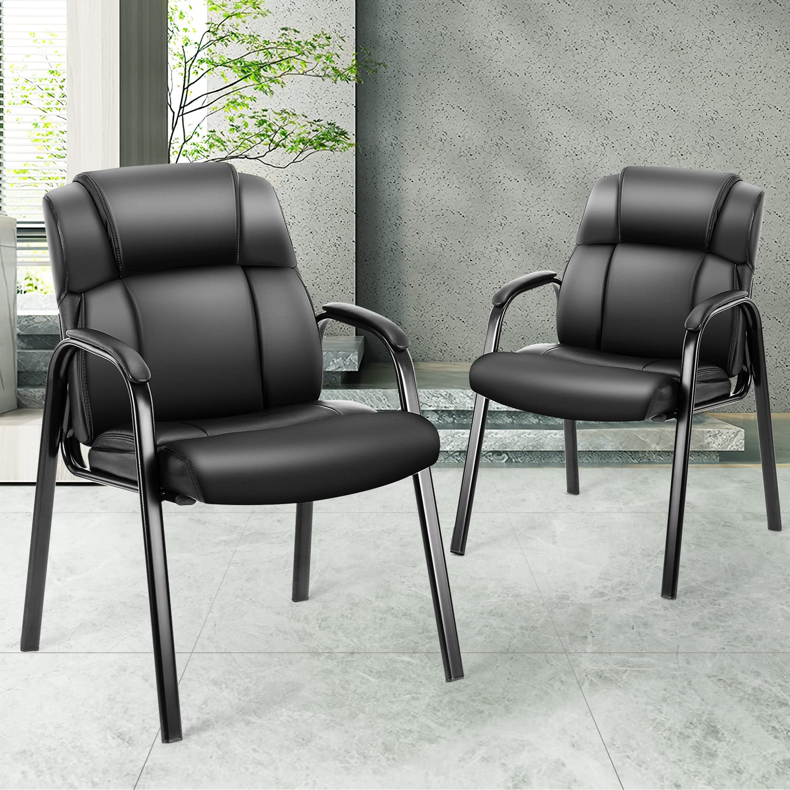 OLIXIS Reception Chairs Set of 4, Ergonomic PU Leather, Black, Metal Frame, Office & Waiting Room