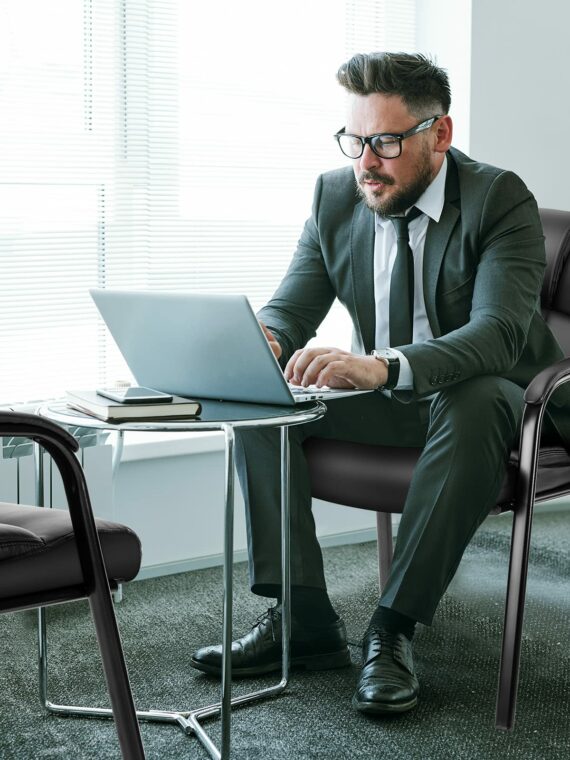 OLIXIS Reception Chairs Set of 4, Ergonomic PU Leather, Black, Metal Frame, Office & Waiting Room