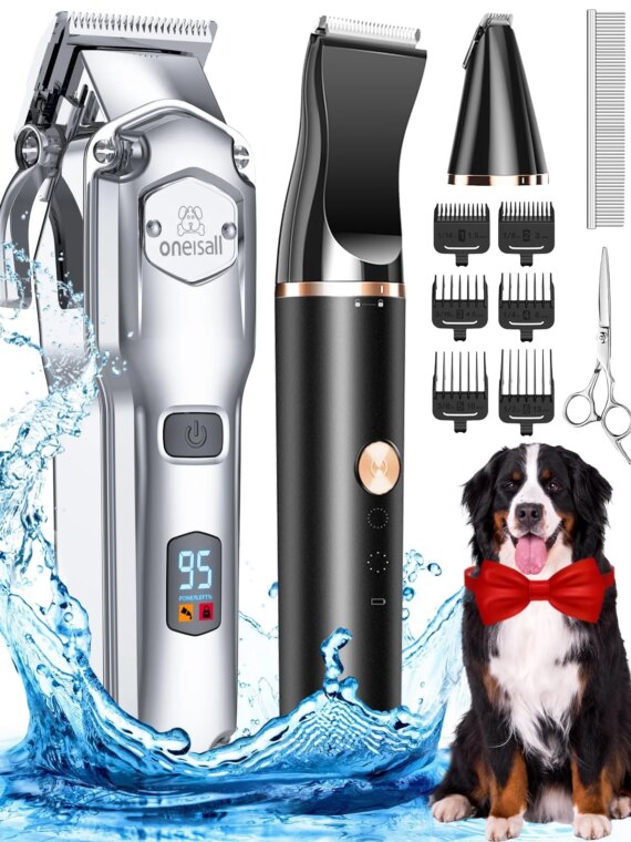 oneisall Dog Grooming Kit with Clippers for Thick Coats, Long Battery, Quiet & Waterproof