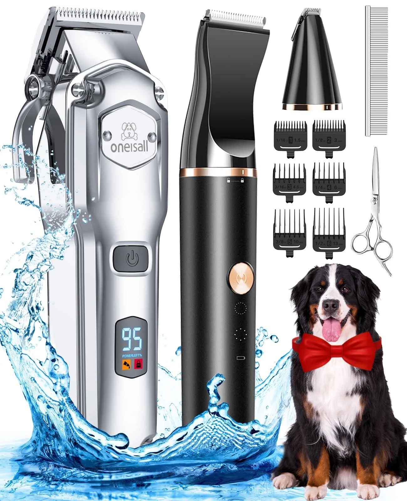 oneisall Dog Grooming Kit with Clippers for Thick Coats, Long Battery, Quiet & Waterproof
