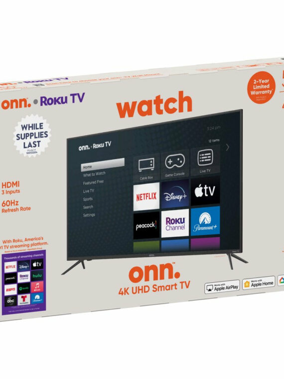 onn. 50" 4K UHD LED Roku Smart TV, HDR, 60Hz, Streaming Compatible, VESA Mount, 3 HDMI Ports