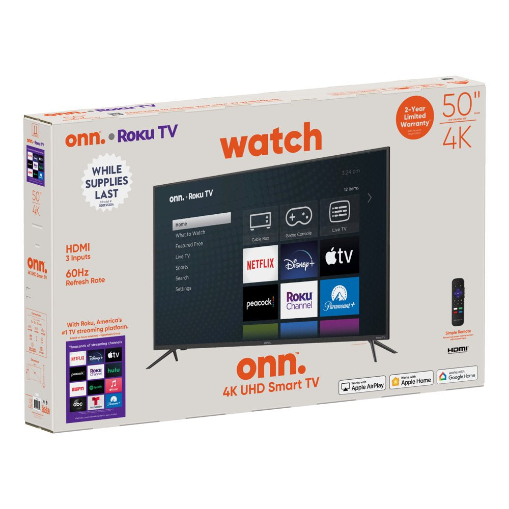 onn. 50" 4K UHD LED Roku Smart TV, HDR, 60Hz, Streaming Compatible, VESA Mount, 3 HDMI Ports