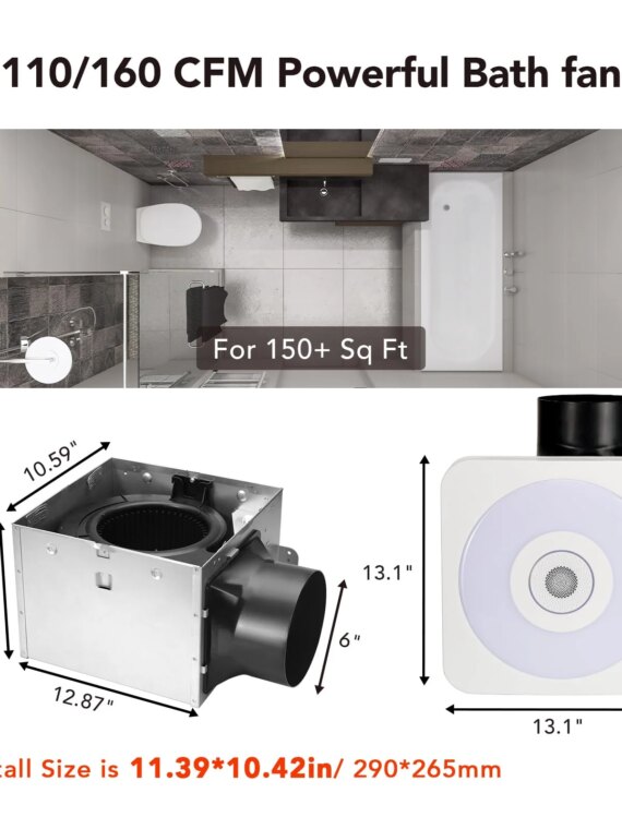 OREiN Bluetooth Bathroom Exhaust Fan with LED Light & Speaker, 110/160 CFM, Adjustable Color Temperature