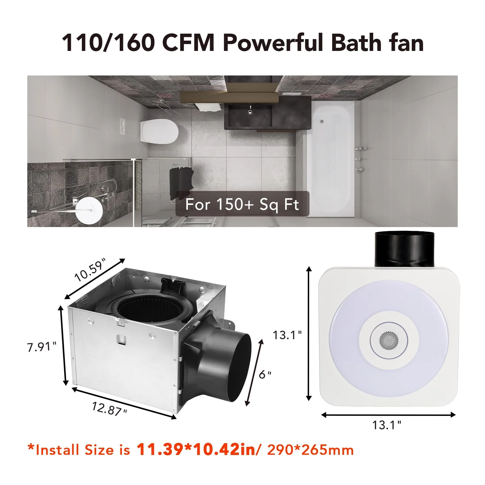 OREiN Bluetooth Bathroom Exhaust Fan with LED Light & Speaker, 110/160 CFM, Adjustable Color Temperature