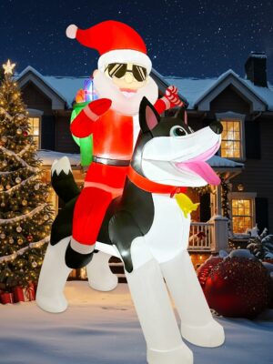 OurWarm 8FT Christmas Inflatable Santa on Husky with LEDs, Outdoor Yard Decoration
