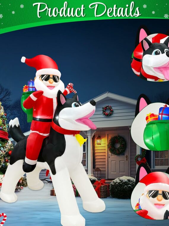 OurWarm 8FT Christmas Inflatable Santa on Husky with LEDs, Outdoor Yard Decoration