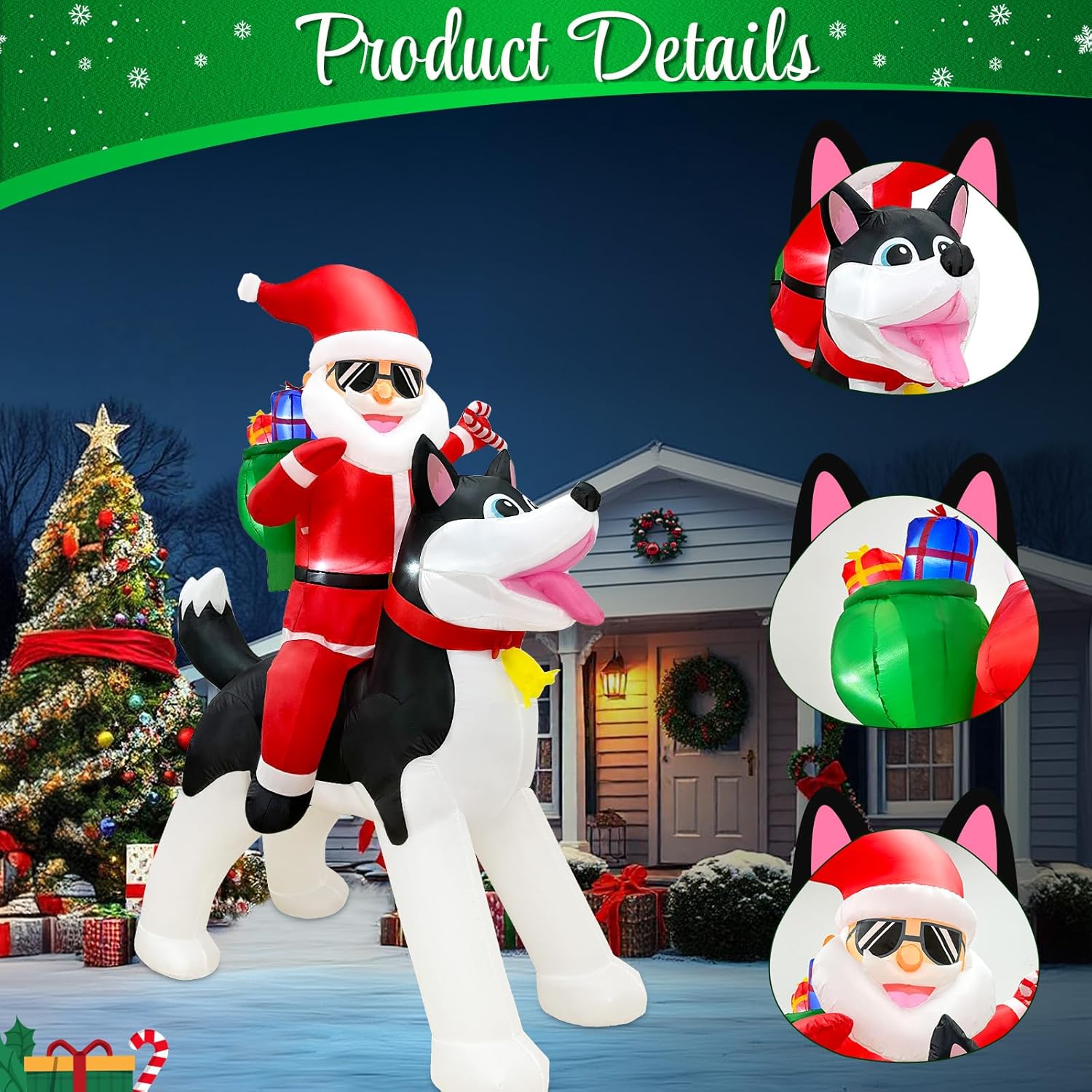 OurWarm 8FT Christmas Inflatable Santa on Husky with LEDs, Outdoor Yard Decoration