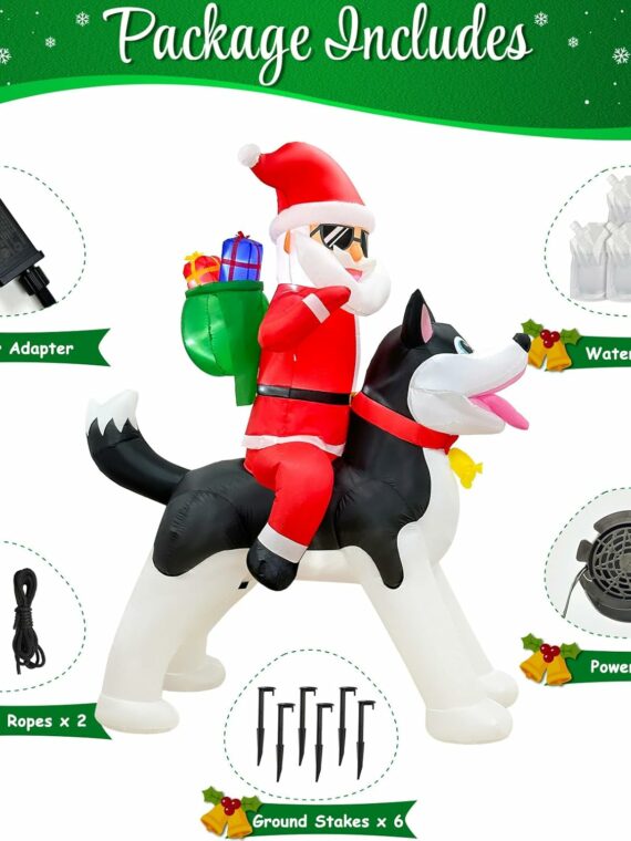 OurWarm 8FT Christmas Inflatable Santa on Husky with LEDs, Outdoor Yard Decoration
