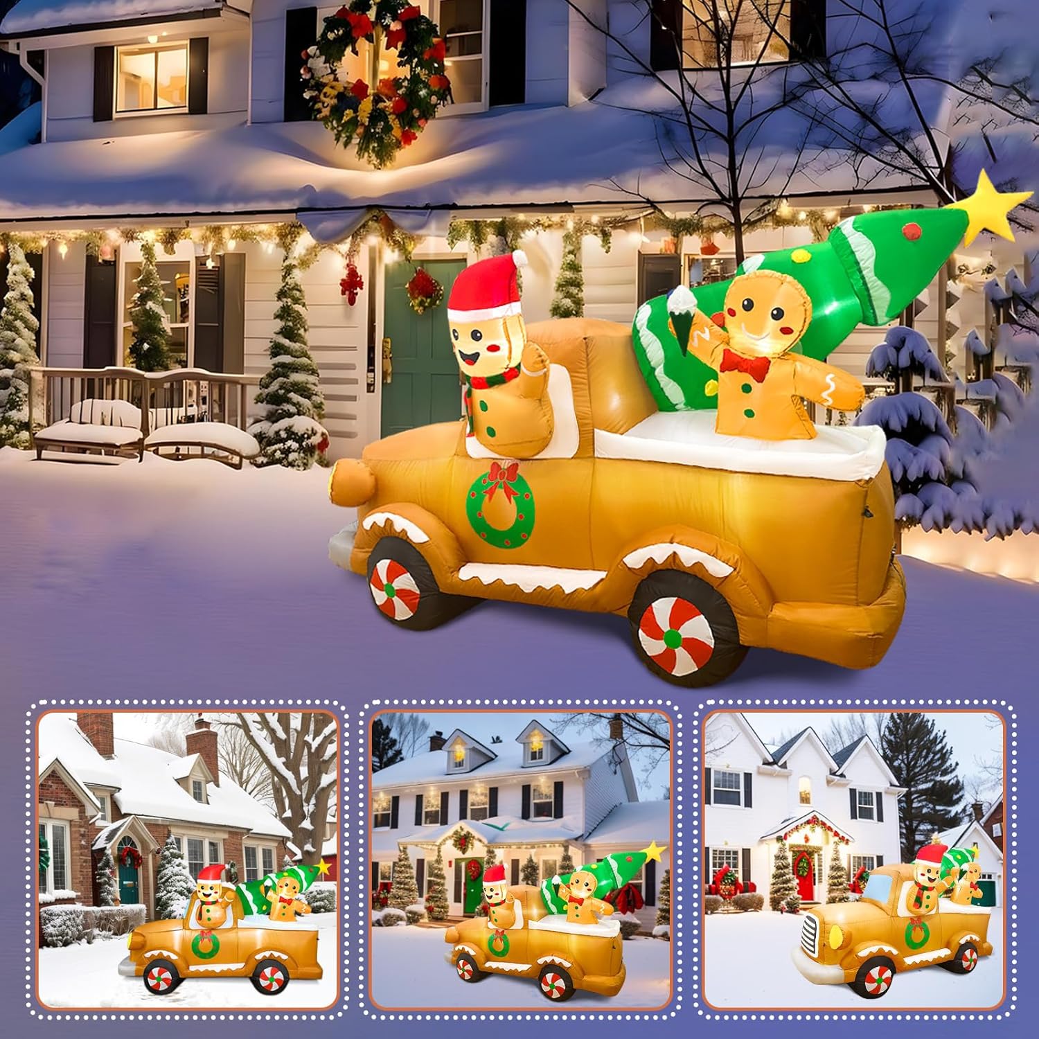 OurWarm 8FT Gingerbread Man Truck Christmas Inflatable with LED Lights, Durable Outdoor Yard Decoration