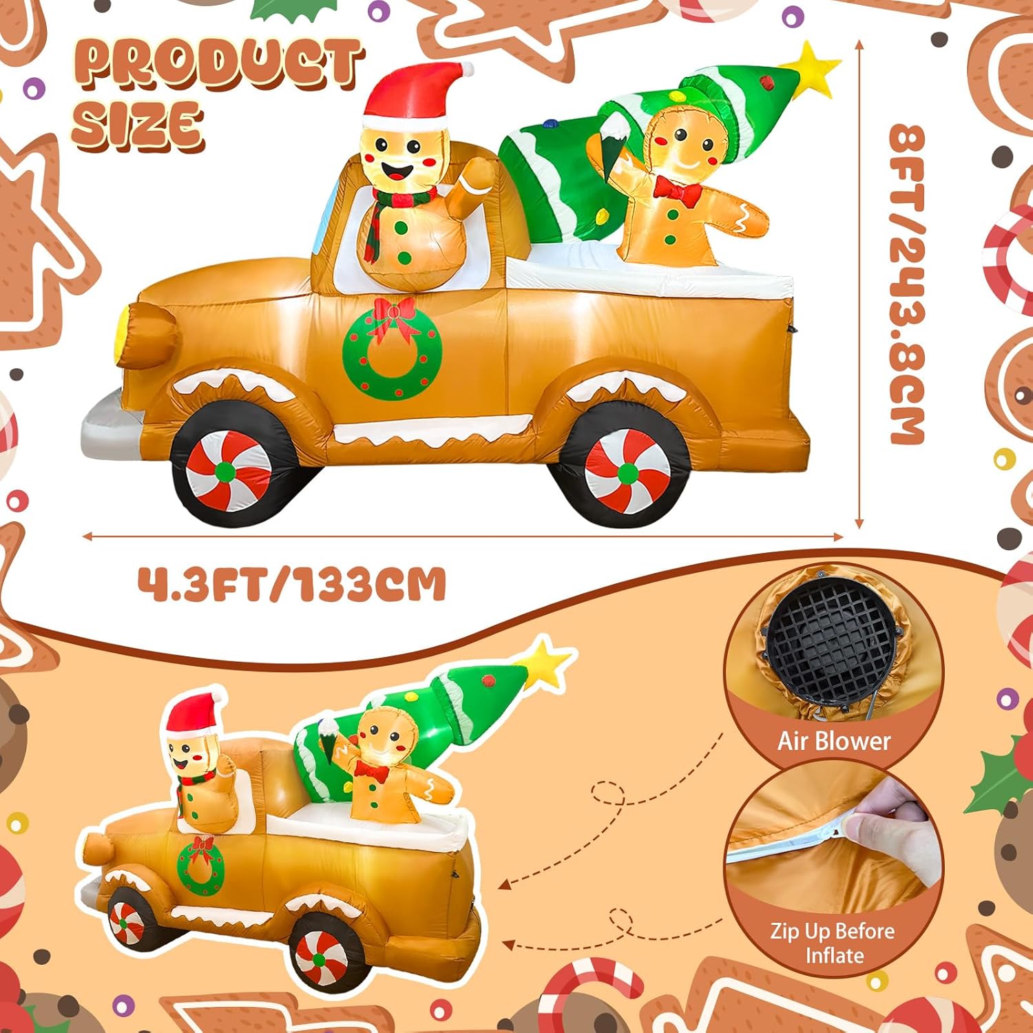 OurWarm 8FT Gingerbread Man Truck Christmas Inflatable with LED Lights, Durable Outdoor Yard Decoration