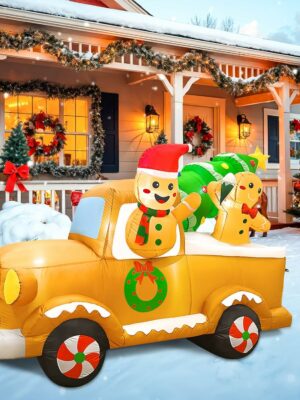 OurWarm 8FT Gingerbread Man Truck Christmas Inflatable with LED Lights, Durable Outdoor Yard Decoration