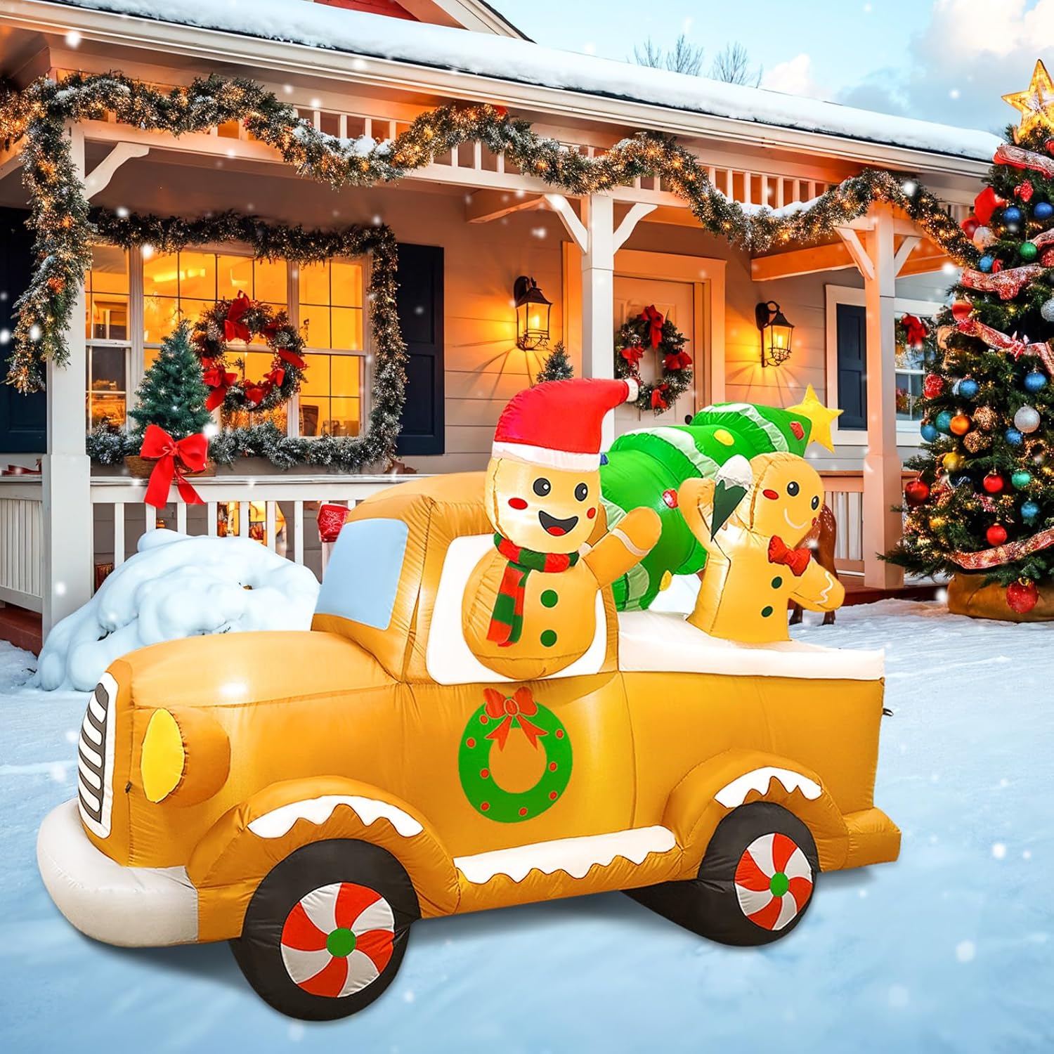 OurWarm 8FT Gingerbread Man Truck Christmas Inflatable with LED Lights, Durable Outdoor Yard Decoration