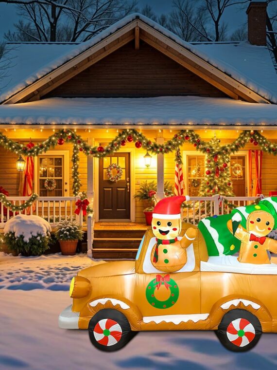 OurWarm 8FT Gingerbread Man Truck Christmas Inflatable with LED Lights, Durable Outdoor Yard Decoration
