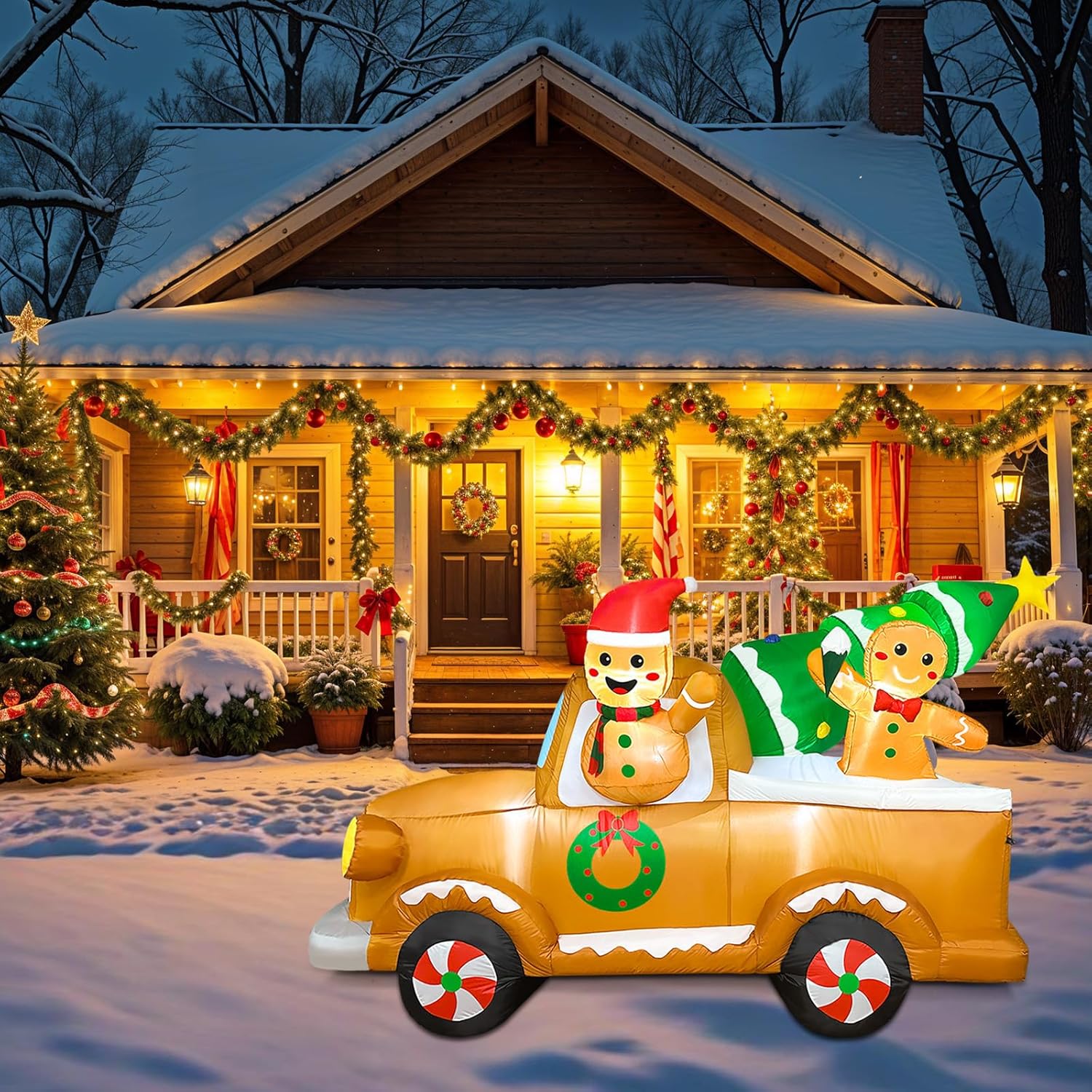 OurWarm 8FT Gingerbread Man Truck Christmas Inflatable with LED Lights, Durable Outdoor Yard Decoration