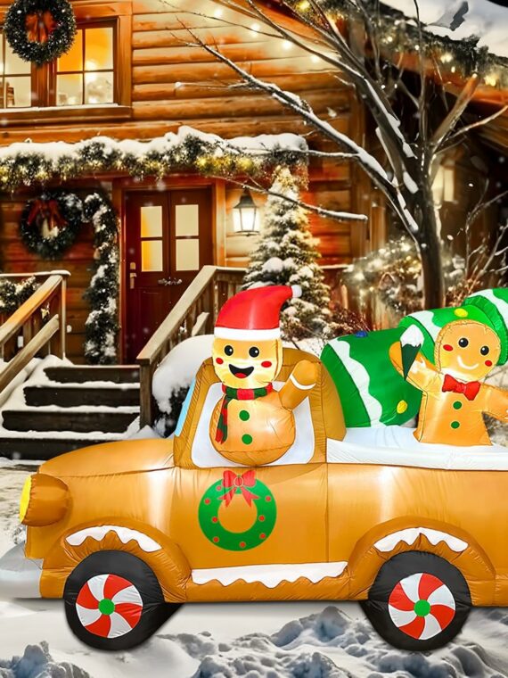 OurWarm 8FT Gingerbread Man Truck Christmas Inflatable with LED Lights, Durable Outdoor Yard Decoration
