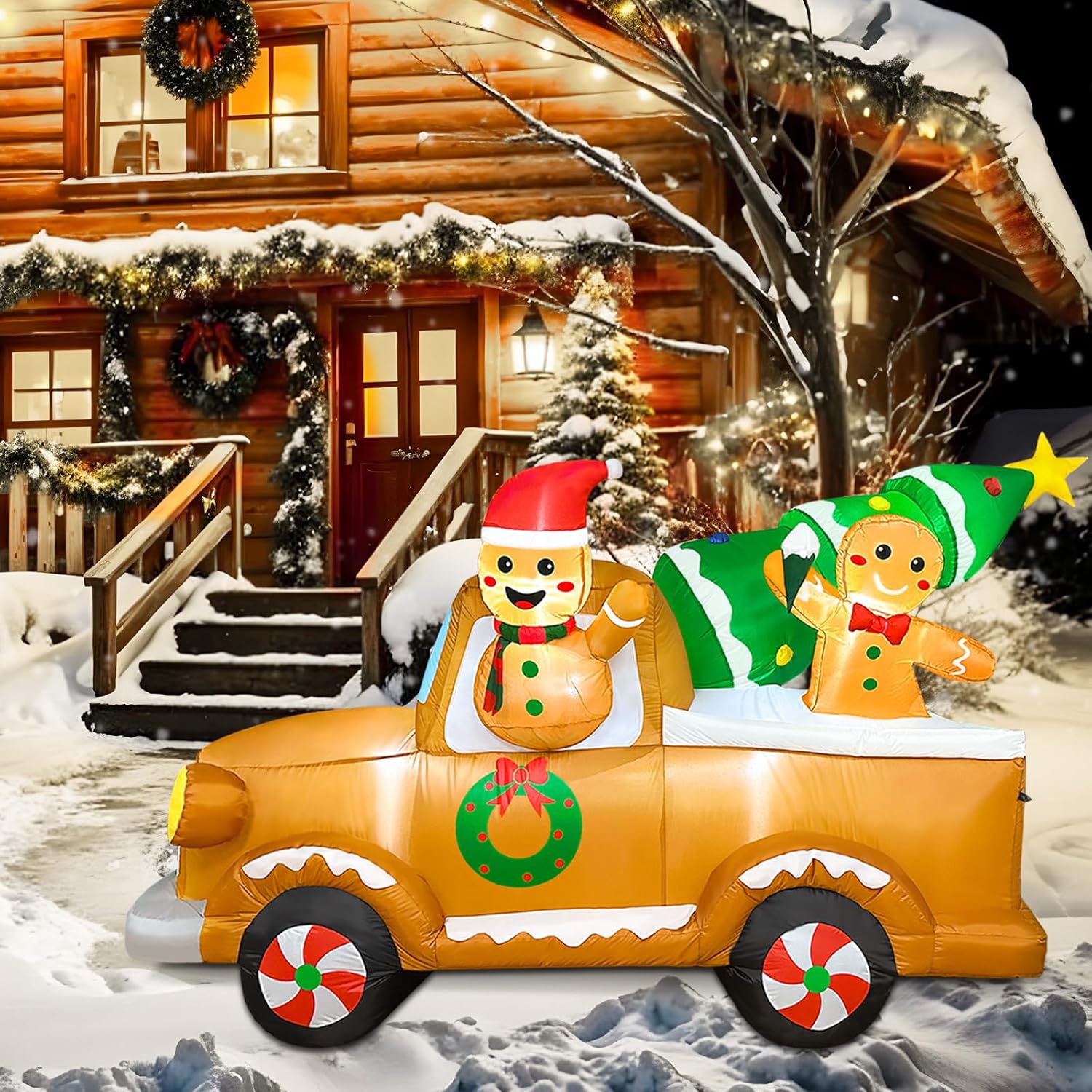 OurWarm 8FT Gingerbread Man Truck Christmas Inflatable with LED Lights, Durable Outdoor Yard Decoration