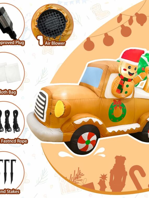 OurWarm 8FT Gingerbread Man Truck Christmas Inflatable with LED Lights, Durable Outdoor Yard Decoration