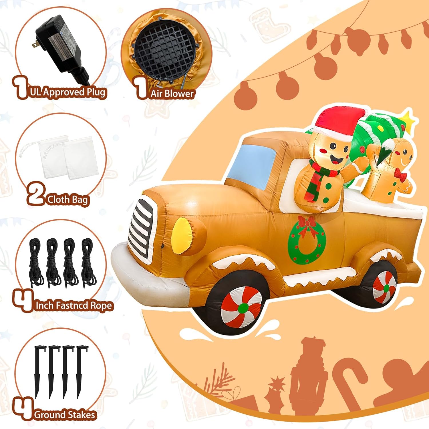 OurWarm 8FT Gingerbread Man Truck Christmas Inflatable with LED Lights, Durable Outdoor Yard Decoration