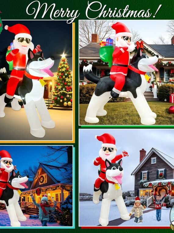 OurWarm 8FT Inflatable Santa Claus on Husky with LEDs, Outdoor Christmas Decoration for Garden Lawn