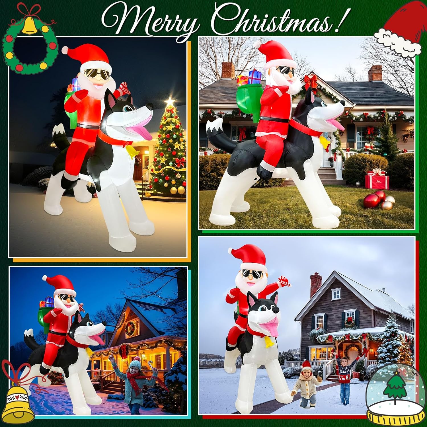 OurWarm 8FT Inflatable Santa Claus on Husky with LEDs, Outdoor Christmas Decoration for Garden Lawn