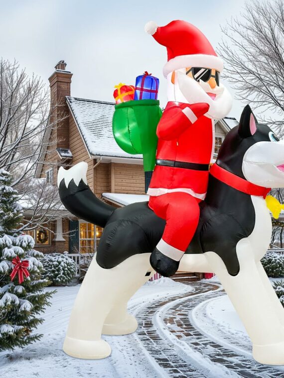OurWarm 8FT Inflatable Santa Claus on Husky with LEDs, Outdoor Christmas Decoration for Garden Lawn