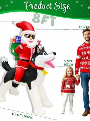 OurWarm 8FT Inflatable Santa Claus on Husky with LEDs, Outdoor Christmas Decoration for Garden Lawn