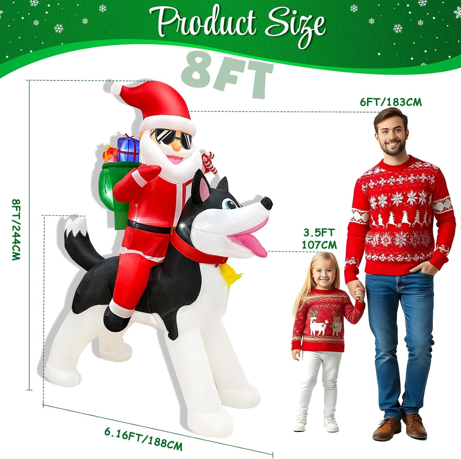 OurWarm 8FT Inflatable Santa Claus on Husky with LEDs, Outdoor Christmas Decoration for Garden Lawn