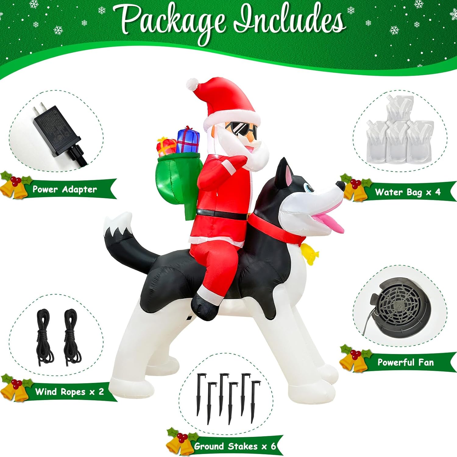 OurWarm 8FT Inflatable Santa Claus on Husky with LEDs, Outdoor Christmas Decoration for Garden Lawn
