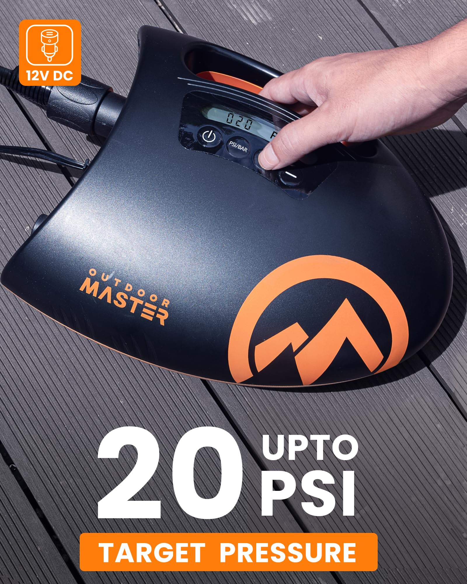 OutdoorMaster Shark 20PSI High Pressure SUP Electric Air Pump with Active Cooling, Dual Stage Inflation, and Digital Display