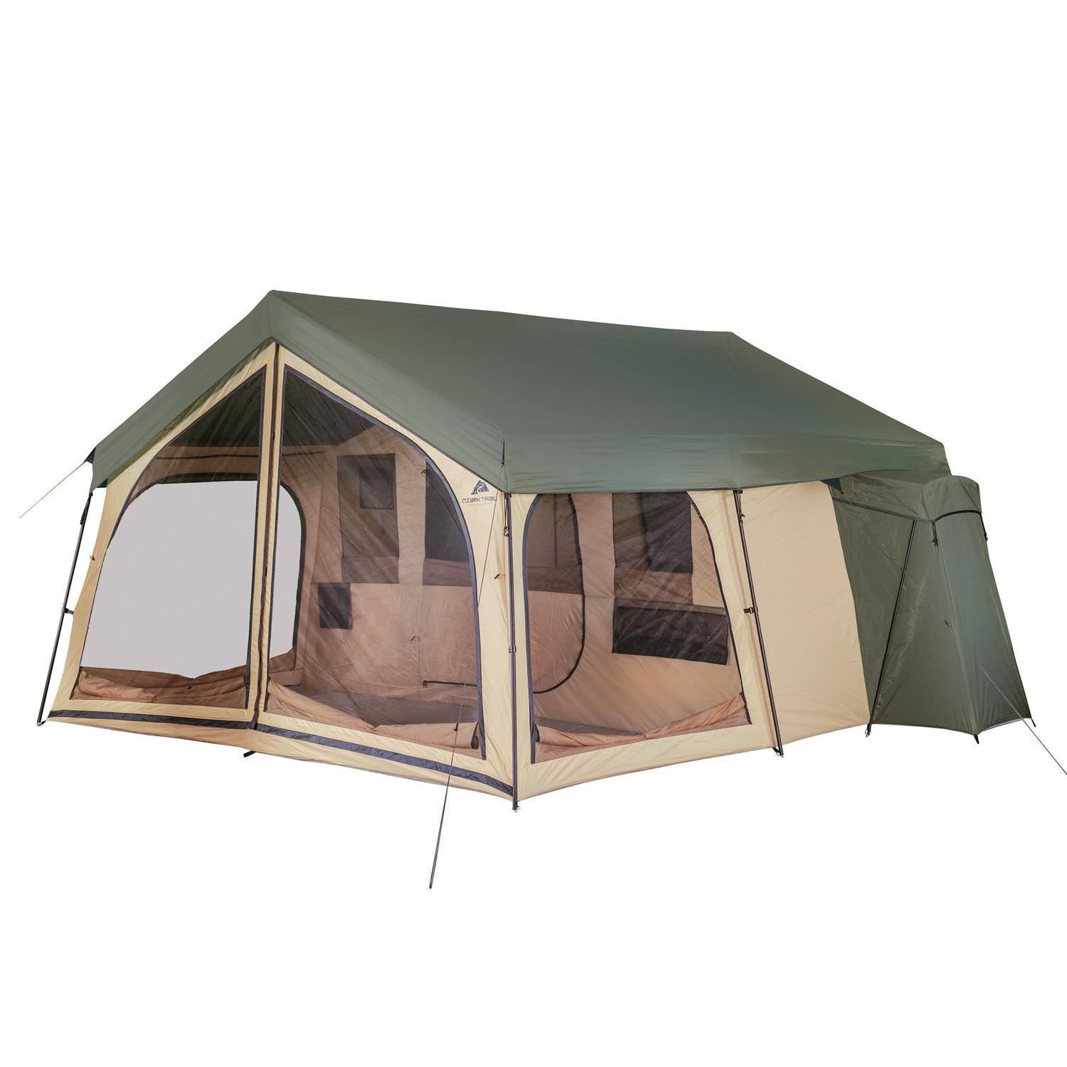 Ozark Trail 14-Person Cabin Tent, 2-Room, Screen Porch, Beige/Green, Camping Shelter