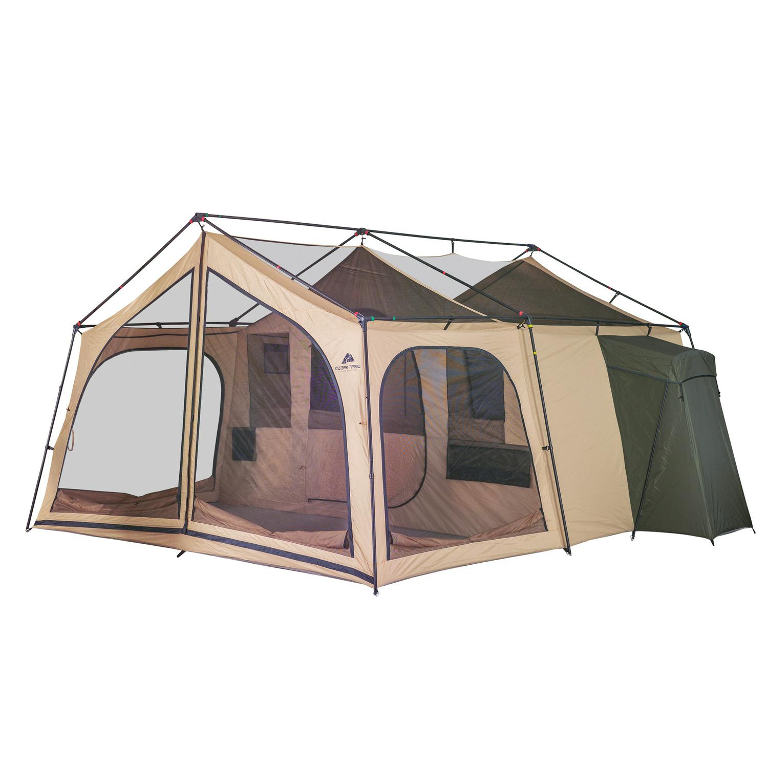 Ozark Trail 14-Person Cabin Tent, 2-Room, Screen Porch, Beige/Green, Camping Shelter