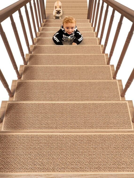 PADOOR 15PCS Non-Slip Stair Treads 8"x30" - Rubber Backing, Washable Carpet for Wood, Tile, Marble