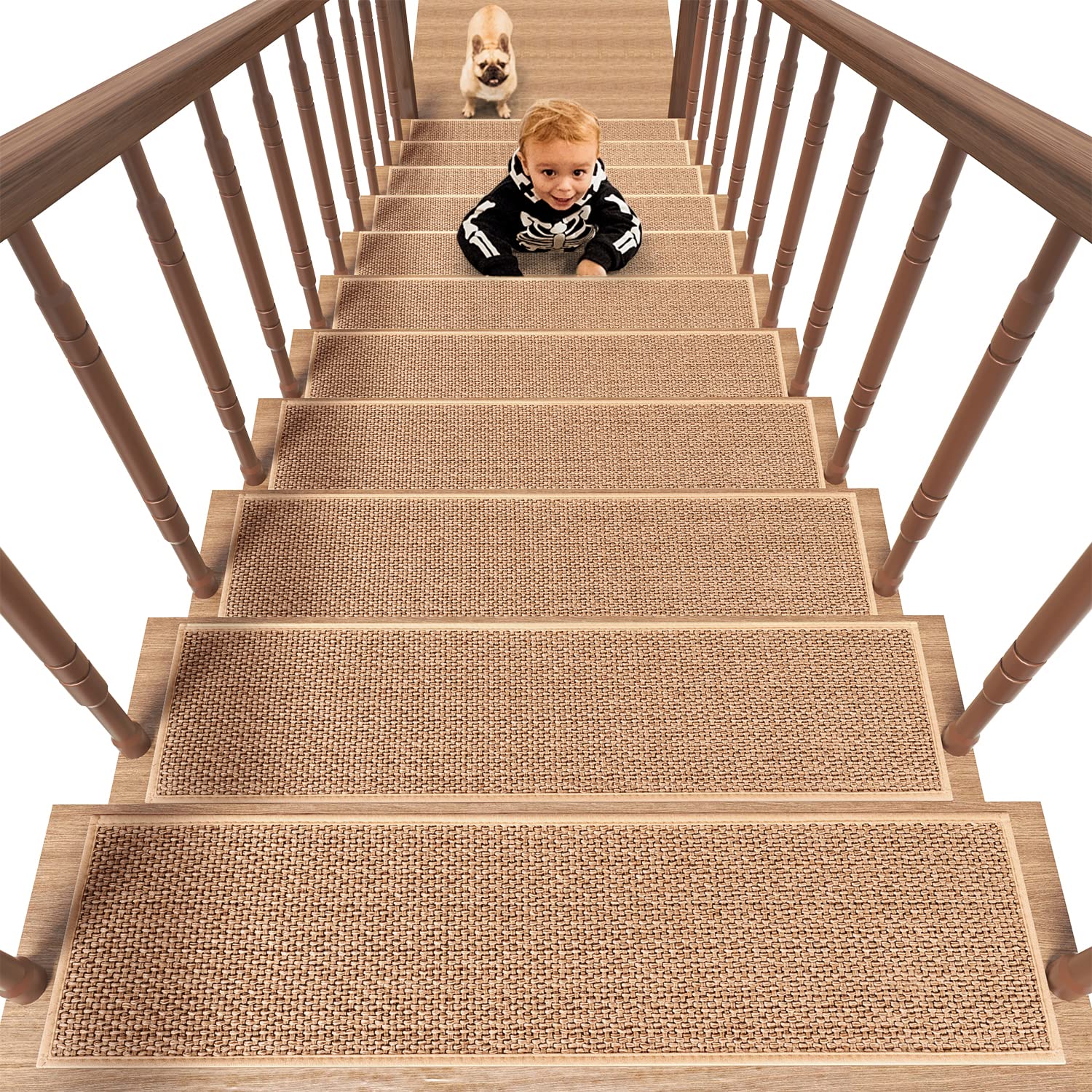 PADOOR 15PCS Non-Slip Stair Treads 8"x30" - Rubber Backing, Washable Carpet for Wood, Tile, Marble
