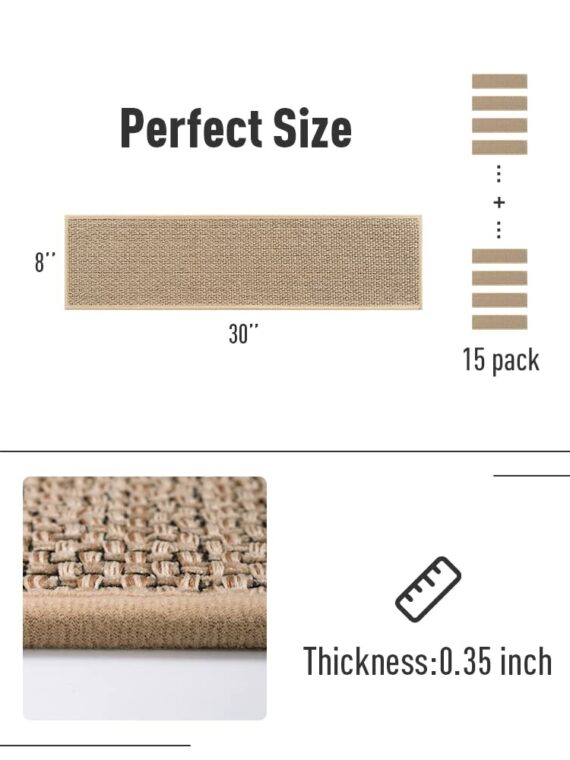 PADOOR 15PCS Non-Slip Stair Treads 8"x30" - Rubber Backing, Washable Carpet for Wood, Tile, Marble