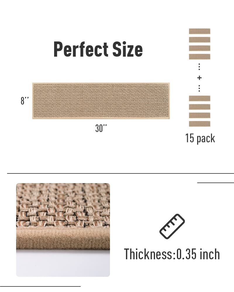 PADOOR 15PCS Non-Slip Stair Treads 8"x30" - Rubber Backing, Washable Carpet for Wood, Tile, Marble