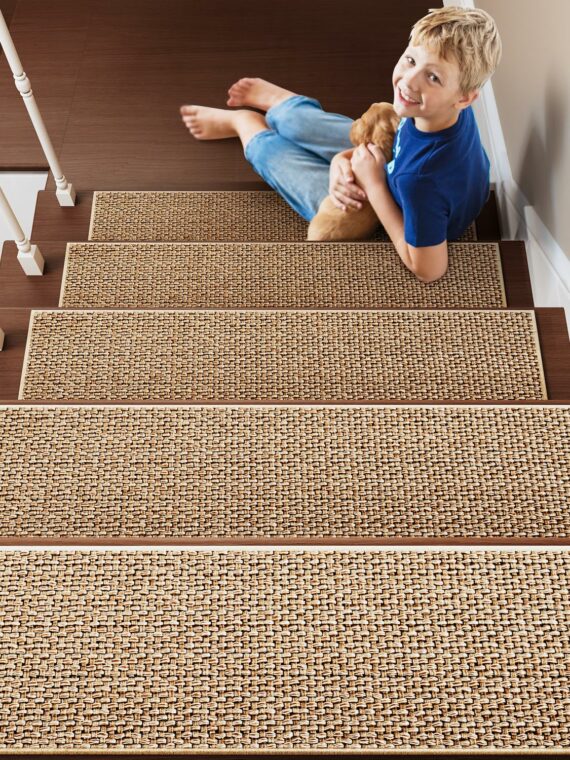 PADOOR 15PCS Non-Slip Stair Treads 8"x30" - Rubber Backing, Washable Carpet for Wood, Tile, Marble