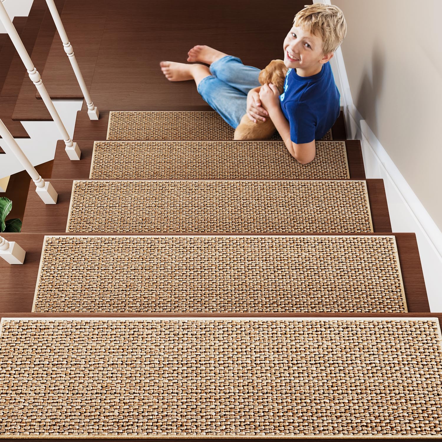 PADOOR 15PCS Non-Slip Stair Treads 8"x30" - Rubber Backing, Washable Carpet for Wood, Tile, Marble