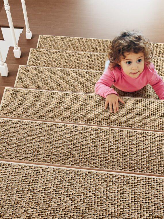 PADOOR 15PCS Non-Slip Stair Treads 8"x30" - Rubber Backing, Washable Carpet for Wood, Tile, Marble