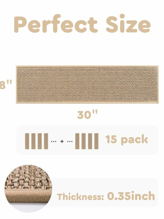 PADOOR 15PCS Non-Slip Stair Treads 8"x30" - Rubber Backing, Washable Carpet for Wood, Tile, Marble