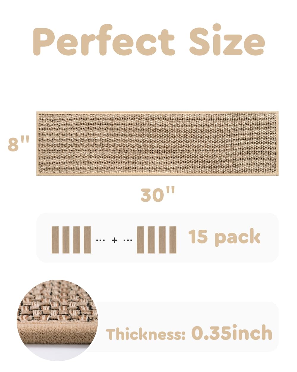 PADOOR 15PCS Non-Slip Stair Treads 8"x30" - Rubber Backing, Washable Carpet for Wood, Tile, Marble