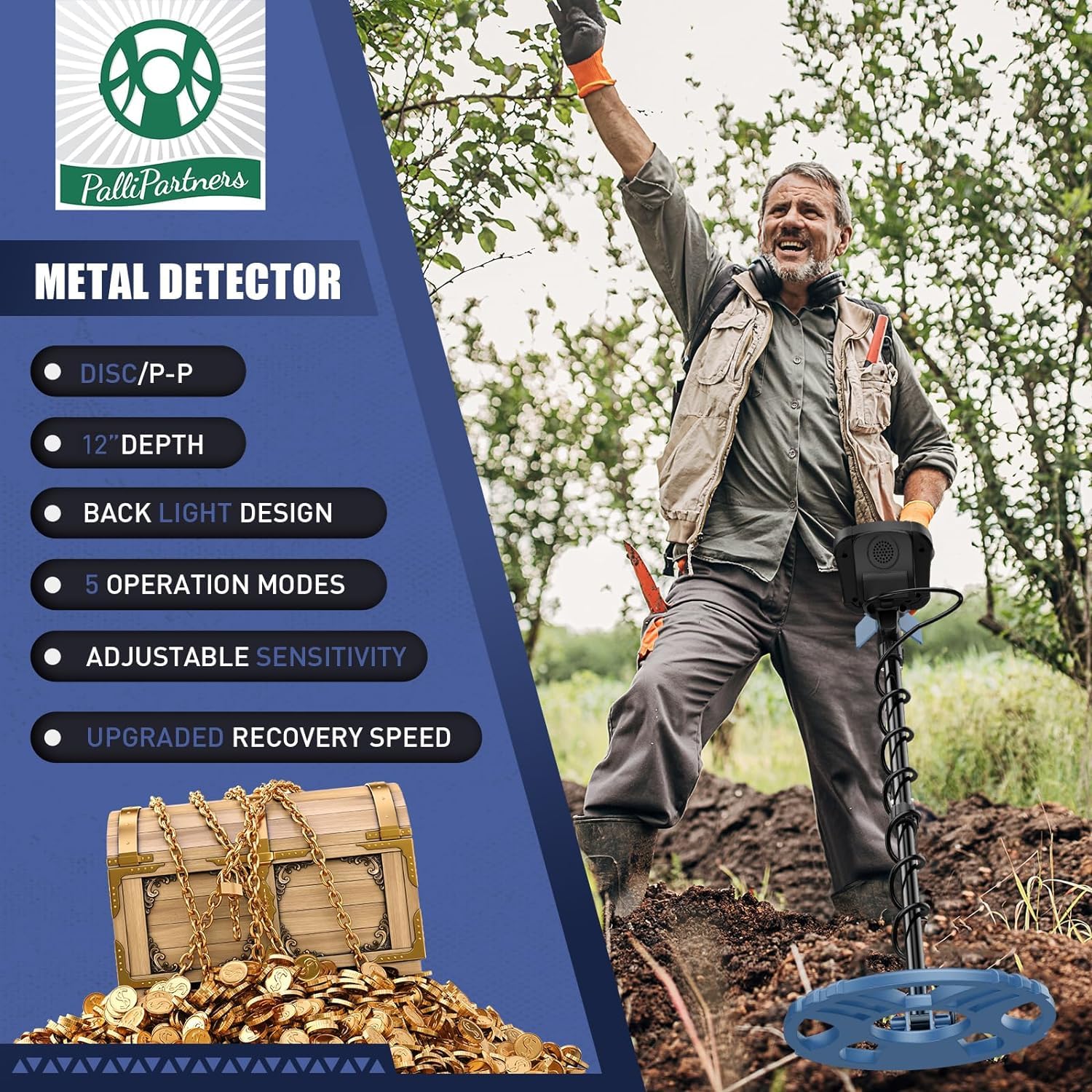 PalliPartners 12" Coil Metal Detector with Advanced DSP Chip, Lightweight, 5 Modes, Waterproof Coil, LCD Display