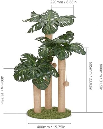 Palm Paradise Cat Scratcher Tree by [Brand] - 33" Tall, 3 Poles, 2 Interactive Balls, Dual-Base Stability, Green Decor