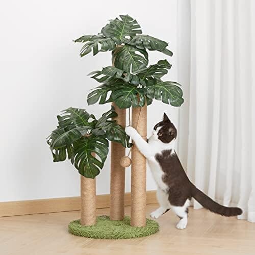 Palm Paradise Cat Scratcher Tree by [Brand] - 33" Tall, 3 Poles, 2 Interactive Balls, Dual-Base Stability, Green Decor