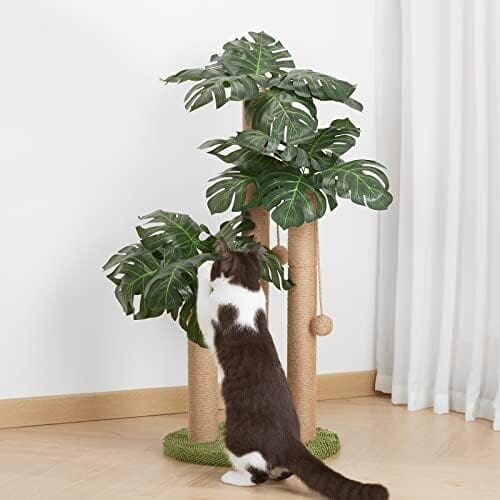 Palm Paradise Cat Scratcher Tree by [Brand] - 33" Tall, 3 Poles, 2 Interactive Balls, Dual-Base Stability, Green Decor