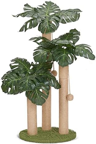 Palm Paradise Cat Scratcher Tree by [Brand] - 33" Tall, 3 Poles, 2 Interactive Balls, Dual-Base Stability, Green Decor